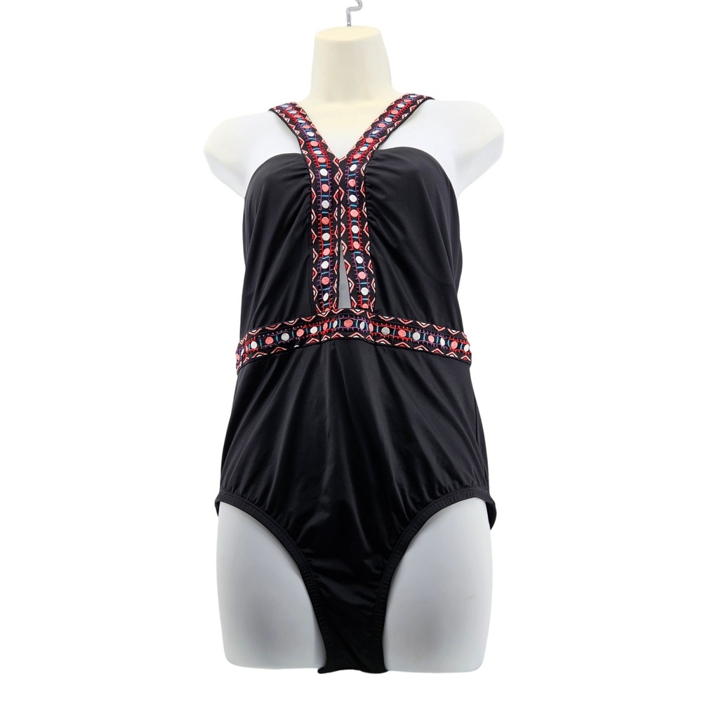 Laundry by Shelli Segal Black Embroidered One Piece Swimsuit Large Beach Summer